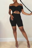 Black Fashion Sexy Solid Bandage Backless Off the Shoulder Short Sleeve Two Pieces