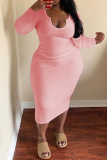 Pink Fashion Casual Plus Size Solid Basic U Neck Long Sleeve Dresses