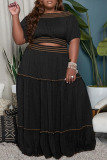 Black Casual Solid Patchwork Off the Shoulder Straight Plus Size Two Pieces