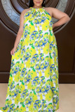 Yellow Casual Print Split Joint O Neck Straight Plus Size Dresses