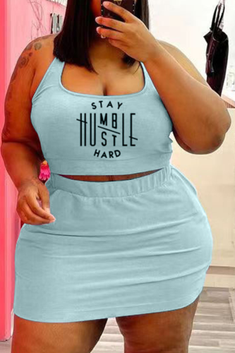 Light Blue Casual Print Patchwork Square Collar Pencil Skirt Plus Size Two Pieces