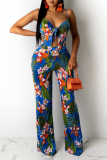 Baby Blue Sexy Print Hollowed Out Spaghetti Strap Straight Jumpsuits