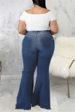 Dark Blue Fashion Casual Solid Ripped Without Belt Plus Size Jeans