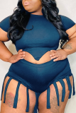 Black Sexy Solid Tassel O Neck Plus Size Two Pieces