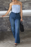 Blue Sexy Solid Draw String Plus Size Jeans