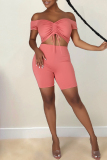 Pink Fashion Sexy Solid Bandage Backless Off the Shoulder Short Sleeve Two Pieces