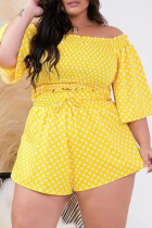 Yellow Casual Dot Split Joint Off the Shoulder Plus Size Two Pieces