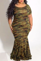 Camouflage Casual Print Camouflage Print Split Joint O Neck Trumpet Mermaid Plus Size Dresses