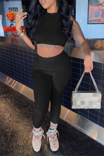 Black Sexy Casual Solid Basic O Neck Sleeveless Two Pieces