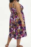 Rose Red Casual Print Patchwork Spaghetti Strap Sling Dress Plus Size Dresses