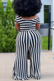 Black Casual Striped Patchwork O Neck Plus Size Two Pieces
