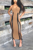 Apricot Sexy Hollowed-out Ankle Length Dress