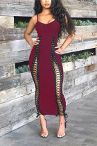 Red Sexy Hollowed-out Ankle Length Dress