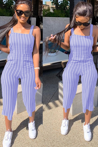 Lake Blue Casual Striped zipper Sleeveless Slip Rompers