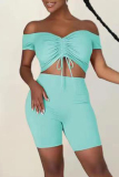 Light Blue Fashion Sexy Solid Bandage Backless Off the Shoulder Short Sleeve Two Pieces