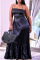 Black Sexy Solid Split Joint Frenulum Backless Flounce Strapless A Line Plus Size Dresses