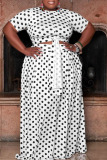 White Sweet Print Polka Dot Bandage Patchwork O Neck Straight Plus Size Two Pieces