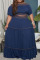 Blue Casual Solid Split Joint Off the Shoulder Straight Plus Size Two Pieces