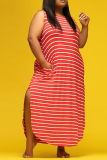 Red Casual Striped Patchwork O Neck Straight Plus Size Dresses