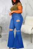 Dark Blue Fashion Casual Solid Ripped Without Belt Plus Size Jeans