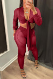 Burgundy Fashion Sexy Solid Patchwork See-through V Neck Long Sleeve Two Pieces