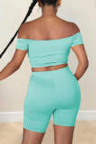 Light Blue Fashion Sexy Solid Bandage Backless Off the Shoulder Short Sleeve Two Pieces