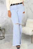 Baby Blue Fashion Casual Solid Ripped Without Belt Plus Size Jeans