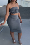 Dark Gray Sexy Solid Patchwork Strapless Sleeveless Two Pieces