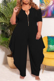 Black Fashion Casual Solid Hollowed Out Zipper Collar Plus Size Jumpsuits