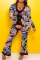 Black Fashion Casual Print Cardigan Pants V Neck Long Sleeve Two Pieces