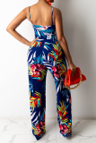 Blue Sexy Print Hollowed Out Spaghetti Strap Straight Jumpsuits