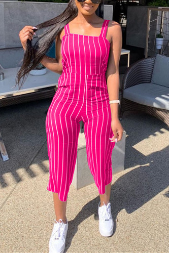 rose red Casual Striped zipper Sleeveless Slip Rompers