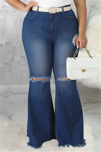Dark Blue Fashion Casual Solid Ripped Without Belt Plus Size Jeans