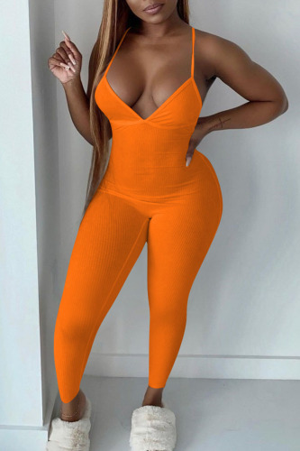 Tangerine Red Sexy Solid Patchwork Spaghetti Strap Skinny Jumpsuits