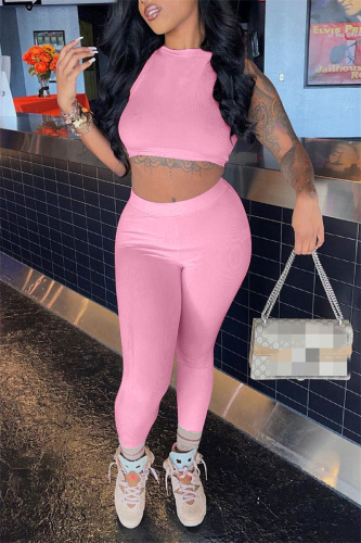 Pink Sexy Casual Solid Basic O Neck Sleeveless Two Pieces