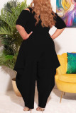 Black Fashion Casual Solid Hollowed Out Zipper Collar Plus Size Jumpsuits