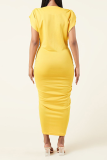 Yellow Sexy Solid Patchwork V Neck Pleated Plus Size Dresses