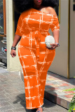 Orange Fashion Casual Print Basic Oblique Collar Plus Size Jumpsuits
