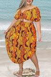 Colour Sexy Print Patchwork Off the Shoulder Straight Plus Size Two Pieces