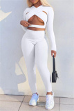 White Fashion Sexy Solid Hollowed Out V Neck Long Sleeve Two Pieces