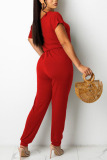 Red Casual Solid Patchwork Frenulum O Neck Straight Jumpsuits