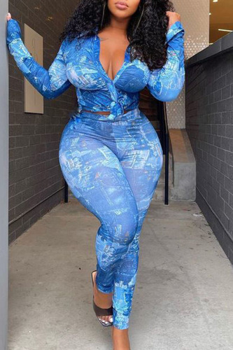 Blue Sexy Print Patchwork Flounce Turndown Collar Plus Size Two Pieces