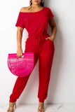 Red Casual Solid Patchwork Frenulum O Neck Straight Jumpsuits