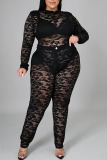 Black Sexy Solid Patchwork See-through O Neck Plus Size Two Pieces