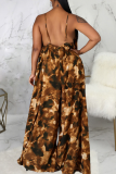 Tangerine Red Sexy Leopard Patchwork Spaghetti Strap Loose Jumpsuits