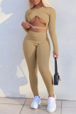 Pink Fashion Sexy Solid Hollowed Out V Neck Long Sleeve Two Pieces