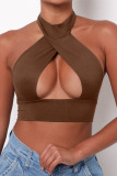 Black Sexy Solid Bandage Hollowed Out Split Joint Halter Tops