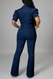 Blue Fashion Casual Solid Zipper Turndown Collar Regular Jumpsuits