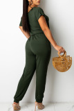Army Green Casual Solid Patchwork Frenulum O Neck Straight Jumpsuits