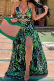 Green Sexy Print Hollowed Out Halter Cake Skirt Dresses